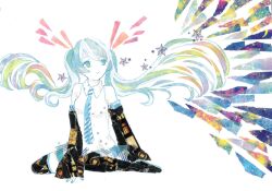 Rule 34 | 1girl, 922pochan, abstract, aqua eyes, aqua hair, aqua necktie, aqua skirt, arm support, bare shoulders, black boots, black sleeves, blonde streaks, blue eyes, boots, collared shirt, commentary, expressionless, floating hair, green hair, hatsune miku, highres, invisible floor, looking to the side, masking tape (medium), mixed media, multicolored eyes, multicolored hair, necktie, orange hair, parted bangs, shirt, sidelocks, sitting, skirt, sleeveless, sleeveless shirt, sleeves past wrists, solo, star (symbol), thigh boots, traditional media, twintails, unconventional media, vocaloid, wariza, white background, white shirt, yellow eyes