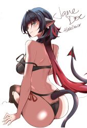 1girl abrokedrawer absurdres animal_ears ass bare_shoulders black_bra black_hair black_panties bra breasts from_behind green_eyes highres jane_doe_(zenless_zone_zero) large_breasts long_hair looking_back mouse_ears mouse_girl mouse_tail multicolored_hair panties pantyhose sharp_tail side-tie_panties sitting smile tail torn_clothes torn_pantyhose two-tone_hair underwear zenless_zone_zero