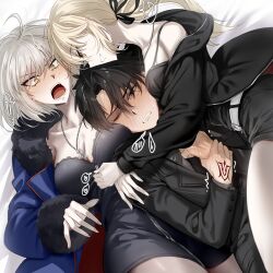 1boy 2girls absurdres ahoge artoria_pendragon_(fate) black_camisole black_dress black_hair black_jacket black_ribbon black_shorts black_suit blonde_hair blue_coat blue_eyes blush breast_press breasts camisole coat command_spell cross cross_necklace dress fate/grand_order fate_(series) formal_clothes fujimaru_ritsuka_(male) fujimaru_ritsuka_(male)_(royal_brand) full-length_zipper fur-trimmed_coat fur-trimmed_jacket fur-trimmed_sleeves fur_trim grey_hair hair_ribbon highres jacket jeanne_d&#039;arc_alter_(avenger)_(fate) jeanne_d&#039;arc_alter_(fate) jeanne_d&#039;arc_alter_(ver._shinjuku_1999)_(fate) jewelry kirin_e2 large_breasts long_hair long_sleeves low_ponytail multiple_girls necklace necktie official_alternate_costume open_clothes open_coat ponytail ribbon saber_alter saber_alter_(ver._shinjuku_1999) short_dress short_hair shorts smile suit white_hair yellow_eyes zipper zipper_dress