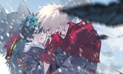 2boys animal arm_around_shoulder bakugou_katsuki black_feathers black_horns black_jacket blonde_hair blood blood_on_face boku_no_hero_academia brown_gloves commentary crying crying_with_eyes_open curled_horns falling_feathers feathers freckles fur-trimmed_hood fur_trim gloves green_eyes green_hair highres homare04271 hood hood_down hooded_jacket horns jacket male_focus midoriya_izuku multiple_boys official_alternate_costume open_mouth parted_bangs red_eyes red_gloves red_scarf scarf snowing tears teeth upper_teeth_only wolf