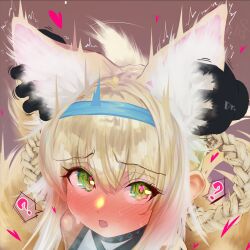 1girl 1other animal_ear_fluff animal_ears arknights blonde_hair blue_hairband blush commentary_request doctor_(arknights) extra_ears fox_ears fox_girl fox_tail green_eyes hairband heart hige_qr highres infection_monitor_(arknights) kitsune kyuubi multiple_tails nose_blush open_mouth partial_commentary suzuran_(arknights) tail