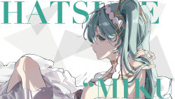 13165075695 1girl absurdres aqua_eyes aqua_hair aqua_nails bare_shoulders character_name closed_mouth dress from_behind gold_choker gold_necklace hand_in_own_hair hatsune_miku highres jewelry long_hair mindscape_cinema_(zenless_zone_zero) necklace solo strapless strapless_dress vocaloid white_dress