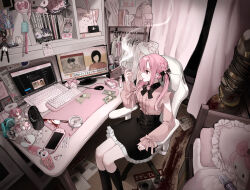 1girl absurdres ame-chan_(needy_girl_overdose) backpack bag bed bedroom black_skirt blood blouse bottle cameo can character_doll character_request chouzetsusaikawa_tenshi-chan cinnamoroll commentary computer computer_keyboard computer_mouse copyright_request corpse desk dior doll figure fuwa_fuwa_cinnamoroll handbag handheld_game_console hatsune_miku highres indoors jirai_kei kaname_madoka kaname_madoka_(magical_girl) knife laptop loaded_interior long_hair long_sleeves mahou_shoujo_madoka_magica manga_(object) miffy miffy_(character) money monitor monster_energy multiple_monitors my_melody needy_girl_overdose nendoroid news onegai_my_melody original oshi_no_ko perfume_bottle pill pink_hair pink_shirt playstation_portable qr_code ran_(v17071107) receipt sanrio scenery shirt sitting skirt smoking solo stuffed_toy twintails twitter vivienne_westwood vocaloid yandere