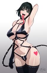 1girl black_hair black_sclera bob_cut bondage_outfit breasts colored_sclera corruption cosplay crotch_zipper dark_persona fubuki_(one-punch_man) green_eyes heart heart_o-ring heart_ring_top highres kaijin_hime_do-s kaijin_hime_do-s_(cosplay) koa19mvd large_breasts long_tongue o-ring one-punch_man panties short_hair solo spikes tongue tongue_out underwear zipper_panties