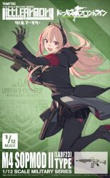 1girl :d assault_rifle black_jacket copyright_name duoyuanjun from_side girls&#039;_frontline green_background griffin_&amp;_kryuger_logo gun headgear highres hood hood_down jacket leg_up little_armory logo looking_at_viewer m4_carbine m4_sopmod_ii_(girls&#039;_frontline) mechanical_arms model_kit multicolored_hair open_mouth pink_hair red_eyes red_hair rifle single_mechanical_arm smile solo streaked_hair third-party_source tomy_company_ltd. weapon