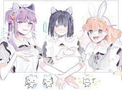 ._. 3girls :d animal_ear_hairband animal_ears black_hair blank_speech_bubble blunt_bangs blunt_ends blush breasts cat_ear_hairband cat_ears cerise_bouquet commentary crossed_bangs dated_commentary doodle_inset fake_animal_ears flower flower_knot flower_symbol green_eyes hair_bun hair_flower hair_ornament hairband half-closed_eyes hand_on_own_chest happy_aura heart heart_hands highres hinoshita_kaho link!_like!_love_live! long_hair looking_at_viewer love_live! maid medium_breasts medium_hair momose_ginko multiple_girls nose_blush open_mouth orange_hair otomune_kozue pipi_(m1x_mix) pout purple_hair rabbit_ear_hairband rabbit_ears rabbit_hair_ornament red_flower short_hair side_ponytail sidelocks single_side_bun smile speech_bubble sweatdrop tassel tassel_hair_ornament two_side_up virtual_youtuber white_background