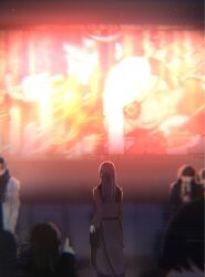 Rule 34 | 6+girls, ado (utaite), black coat, black hair, chando (ado), cloud nine inc, coat, commentary request, glitch, gunzi (gunzi miyuu 03), highres, light particles, long hair, lugosi (ado), multiple girls, multiple persona, pointing, show (ado), utaite