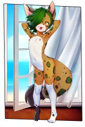 1girl absurdres animal_ears arms_behind_head border cleft_of_venus completely_nude flat_chest full_body furry furry_female green_hair hair_over_one_eye highres looking_at_viewer moneymop navel nipples nude open_mouth original pussy solo tail tiger_ears tiger_girl tiger_tail transparent_border uncensored yellow_eyes