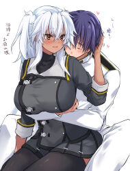 1boy 1girl admiral_(kancolle) black_thighhighs blush breasts brown_eyes dark-skinned_female dark_skin glasses gradient_nails grey_hair hair_between_eyes highres hug hug_from_behind kantai_collection large_breasts long_hair mashiro_yukiya military military_uniform musashi_(kancolle) musashi_kai_ni_(kancolle) naval_uniform pointy_hair rectangular_eyewear rimless_eyewear semi-rimless_eyewear short_hair sitting smile thighhighs very_long_hair
