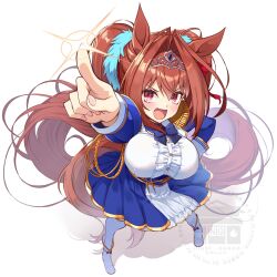 1girl animal_ears breasts daiwa_scarlet_(umamusume) fang hair_between_eyes hair_ornament highres horse_ears horse_girl large_breasts long_hair looking_at_viewer nueco open_mouth pointing pointing_at_viewer red_eyes ribbon solo standing thighhighs tiara twintails umamusume watermark white_background