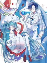 1boy 1girl absurdres ball blue_hair closed_eyes closed_mouth futaba969649 gen_3_pokemon hatsune_miku highres kaito_(vocaloid) latias latios legendary_pokemon mugen_no_ticket_(vocaloid) nintendo parted_hair pokemon pokemon_(creature) project_voltage smile ticket twintails vocaloid