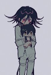 1boy ahoge arm_belt black_hair blush_stickers buttons character_doll checkered_clothes checkered_scarf danganronpa_(series) danganronpa_v3:_killing_harmony doll ff9900 flipped_hair frown grey_background hair_between_eyes highres hugging_doll hugging_object long_sleeves male_focus medium_hair muted_color oma_kokichi pants pink_eyes purple_eyes purple_hair saihara_shuichi scarf short_hair simple_background solo standing thigh_strap torn_clothes two-tone_scarf