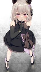 1girl absurdres animal_ears blush collarbone curren_chan_(sakutsuki_ma_cherie)_(umamusume) curren_chan_(umamusume) detached_sleeves dress elbow_gloves finger_to_mouth floor fuki_to_takenoko gloves grey_hair heart heart-shaped_pupils highres horse_ears horse_girl looking_at_viewer purple_eyes smile solo symbol-shaped_pupils umamusume wedding_dress