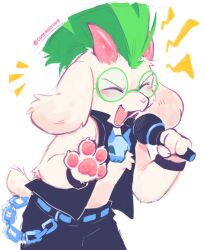 1boy absurdres animal_ears artist_name black_pants black_shirt catosauruus chain claws closed_eyes deltarune fangs furry furry_male goat_boy goat_ears goat_horns highres holding holding_microphone horns jewelry male_focus microphone mohawk necklace open_clothes open_mouth open_shirt pants pawpads ralsei round_eyewear shirt skin_fangs skull_necklace sleeveless sleeveless_shirt white_background