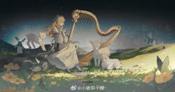1girl aqua_bow arm_belt bandaged_foot bandaged_hand bandages belt blonde_hair bow brown_belt bug butterfly closed_eyes commission conch curly_hair dress flower full_body grass hair_bow hands_up harp highres holding holding_shell house insect instrument juliet_sleeves lamb long_dress long_hair long_sleeves lorelei_(reverse:1999) mountainous_horizon night night_sky on_rock open_mouth outdoors profile puffy_sleeves reverse:1999 sheep shell sitting sky solo watermark weibo_watermark weibo_watermark white_dress windmill xiao_zhu_binggan yellow_flower
