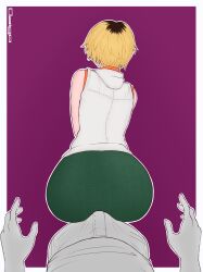1boy 1girl absurdres anonymous ass ass_focus bent_over blonde_hair bulge bulge_to_ass buttjob buttjob_under_clothes cheryl_mason clueless green_skirt grey_pants grinding grinding_over_clothes grope_from_behind groping heather_mason highres jacket multicolored_hair pants pov pov_crotch pov_hands purple_background silent_hill_(series) silent_hill_3 simple_background skirt two-tone_hair