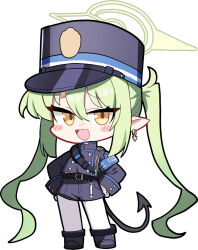 1girl armband blue_archive blue_armband blue_boots blue_jacket blue_shorts boots chibi demon_girl demon_tail green_hair hair_between_eyes halo hideinroom jacket long_hair nozomi_(blue_archive) pointy_ears short_shorts shorts solo tail twintails yellow_eyes