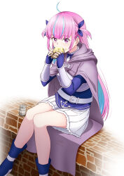 1girl ahoge alternate_costume armor asuna_(sao) asuna_(sao)_(cosplay) belt blue_bow blue_bowtie blue_footwear blue_gloves blue_hair blue_ribbon blue_shirt bow bowtie braid bread breastplate cape colored_inner_hair commentary_request cosplay cream cream_on_face eating feet_out_of_frame fingerless_gloves food food_on_face gloves hair_ribbon highres hololive jar ken-ji long_hair long_sleeves looking_at_viewer minato_aqua multicolored_hair pink_eyes pink_hair purple_cape ribbon shirt sidelocks signature simple_background sitting skirt solo streaked_hair sword_art_online twitter_username two-tone_hair vambraces virtual_youtuber white_background white_belt white_skirt