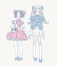 2girls animal_bag bag black_shoes blonde_hair bouryoku_hantai braid brown_hair bubble_skirt bun_cover china_dress chinese_clothes cleavage_cutout closed_mouth clothing_cutout colored_eyelashes colored_tips detached_sleeves double_bun dress earrings expressionless flipped_hair food fruit full_body gakuen_idolmaster grey_background hair_bun highres holding holding_food holding_fruit idolmaster jewelry kneehighs kuramoto_china lolita_fashion long_hair long_sleeves looking_at_viewer mary_janes multicolored_hair multiple_girls orange_eyes pantyhose parted_bangs peach petticoat pleated_dress puffy_short_sleeves puffy_sleeves qi_lolita red_dress shinosawa_hiro shoes short_hair short_sleeves shoulder_bag simple_background skirt sleeves_past_wrists smile socks standing twin_braids white_pantyhose white_socks