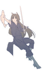 1girl :o animal animal_ears arknights arm_up black_eyes black_pants black_shirt brown_hair chinese_commentary colored_skin commentary_request facial_mark fish fishing_rod forehead_mark full_body geta grey_skin highres holding holding_animal long_hair open_mouth outstretched_arm pants parted_bangs saga_(arknights) shirt simple_background sketch solo thewintermarket white_background