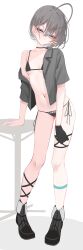 1girl absurdres ahoge black_bra black_choker black_gloves black_panties black_shoes bra breasts brown_hair choker closed_mouth collarbone dress_shirt full_body gloves grey_eyes grey_shirt hair_between_eyes hair_ornament hairclip highres leg_ribbon looking_at_viewer open_clothes open_shirt original panties ribbon sajin_(user_pvrm4582) shirt shoes short_hair short_sleeves side-tie_panties single_glove small_breasts solo standing thigh_ribbon underboob underwear white_background