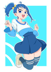 1girl absurdres blue_eyes blue_hair blue_shirt blue_skirt blue_thighhighs bow casual commentary cut_bangs full_body hair_bow hakuino_hakase highres hirogaru_sky!_precure jumping legs_up long_sleeves looking_at_viewer medium_hair miniskirt open_mouth outline pleated_skirt precure shirt shoes side_ponytail single_sidelock skirt smile sneakers solo sora_harewataru t-shirt thighhighs two-tone_shirt w_arms white_outline white_shirt yellow_bow yellow_shoes