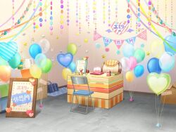 artist_request bag balloon box chair crystal_ball folding_chair game_cg garland_(decoration) heart_balloon indoors kettle magia_record:_mahou_shoujo_madoka_magica_gaiden mahou_shoujo_madoka_magica no_humans official_art school_bag shadow sign star_(symbol) streamers