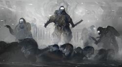 6+others bent_over blood clipboard commentary_request cover cover_page hazmat_suit highres holding holding_machete holding_pen horror_(theme) kohata_(kohatazuke) multiple_others novel_cover on_ground original outstretched_arms oxygen_tank pen pointing science_fiction white_visor
