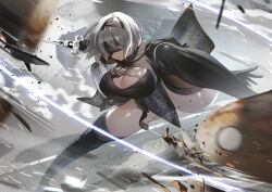 1girl 2b_(nier:automata) absurdres black_boots black_dress black_thighhighs blindfold boots breasts commentary covered_eyes dress grey_hair highres holding holding_sword holding_weapon katana large_breasts nier:automata nier_(series) parted_lips short_hair solo sword teddypocky thigh_boots thighhighs thighhighs_under_boots thighs variant_set weapon