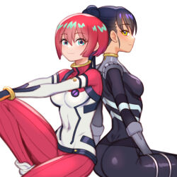 2girls amate_yuzuriha ass black_bodysuit bodysuit breasts closed_mouth commentary_request dimples_of_venus eyelashes folks_(nabokof) gundam gundam_gquuuuuux hair_between_eyes looking_at_viewer looking_back mecha_pilot_suit multiple_girls navel nyaan_(gundam_gquuuuuux) pants purple_hair red_hair red_pants science_fiction short_hair simple_background sitting small_breasts smile spoilers white_background yellow_eyes zeon