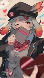1girl absurdres animal_ears artist_name black_hat black_jacket book candy chocolate chocolate_heart collared_shirt ear_piercing food grey_hair grey_sweater hat heart heart-shaped_food heart-shaped_pupils highres holding holding_book holding_chocolate holding_food jacket katsu_(katsupainter) long_sleeves neck_ribbon one_eye_closed original piercing rabbit_ears rabbit_girl red_ribbon ribbon shirt solo sweater symbol-shaped_pupils upper_body valentine