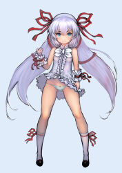 1girl al_azif_(demonbane) bare_shoulders breasts commentary_request covered_erect_nipples demonbane dress frilled_dress frills full_body green_eyes hair_ribbon highres johan_(johan13) long_hair looking_at_viewer panties pantyshot purple_hair red_ribbon ribbon short_dress small_breasts smile solo underwear very_long_hair wind wind_lift