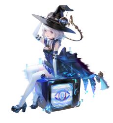 1girl :d arm_up back_bow bare_shoulders black_hat black_shoes blue_bow blue_dress bow breasts cleavage_cutout clothing_cutout crt dress echoes_of_vision elbow_gloves eye_symbol from_side full_body gloves hand_on_headwear hand_up hat high_heels highres layered_dress looking_at_viewer ms._poppins_(echoes_of_vision) official_art on_television open_mouth purple_eyes scanlines see-through_body shoes short_dress short_hair sitting small_breasts smile solo tachi-e television thighhighs transparent_background white_gloves white_hair white_thighhighs witch_hat zettai_ryouiki