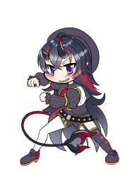 1girl belt black_belt black_hair black_horns blush boots commentary_request crossed_bangs demon_girl demon_tail fangs full_body grey_boots grey_hat grey_shorts hat horns long_hair looking_at_viewer multicolored_hair nanashi_inc. necktie open_mouth pointy_ears purple_eyes red_hair red_necktie ryugasaki_rene shichimi-sen shirt shorts shrug_(clothing) simple_background smile solo tail two-tone_hair v-shaped_eyebrows very_long_hair virtual_youtuber white_background white_shirt