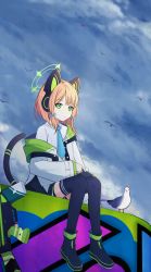1girl absurdres animal_ear_headphones animal_ears assault_rifle bad_id bad_pixiv_id bird black_thighhighs blue_archive blunt_bangs brown_hair cat_ear_headphones cat_ears cat_tail cloud cloudy_sky collared_shirt commentary_request fake_animal_ears green_eyes gun hair_ribbon headphones highres long_sleeves looking_away midori_(blue_archive) necktie paralier parted_bangs pleated_skirt ribbon rifle school_uniform seagull shirt short_hair sidelocks sitting skirt sky tail thighhighs tress_ribbon weapon zettai_ryouiki
