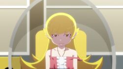 1boy 1girl ahoge animated araragi_koyomi black_hair blonde_hair donut food long_hair monogatari_(series) oshino_shinobu sitting sound tagme vampire video