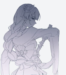 1girl arm_up back back_bow blunt_bangs bow braid chinese_commentary clothing_cutout from_behind from_side genshin_impact gradient_background grey_background hair_ornament highres holding holding_sword holding_weapon japanese_clothes katana kimono linmo18402 long_braid long_sleeves looking_at_viewer looking_to_the_side mitsudomoe_(shape) mole mole_under_eye monochrome musou_isshin_(genshin_impact) no_mouth off_shoulder raiden_shogun sash shoulder_cutout simple_background single_braid solo standing sword tomoe_(symbol) weapon wide_sleeves