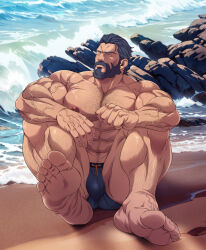 1boy abs ai-generated_background arm_hair bara barefoot beard blue_hair bulge chest_hair closed_eyes facial_hair feet fire_emblem fire_emblem_heroes full_beard gustav_(fire_emblem) hair_slicked_back large_pectorals leg_hair male_focus male_swimwear mature_male muscular muscular_male navel nintendo nipples ocean outdoors paid_reward_available pectorals ryans scar scar_on_face short_hair solo swim_briefs topless_male variant_set veins veiny_arms