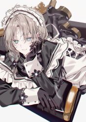 1boy ahoge apron aqua_eyes aqua_streaks between_fingers black_dress black_flower black_gloves black_shoes braid brown_hair cigarette closed_mouth colored_shoe_soles couch crossdressing crossdressing_(mtf) curtained_hair dress fishnet_gloves fishnets flower flower-trimmed_sleeves frilled_apron frills gloves hair_flower hair_ornament hand_on_own_cheek hand_on_own_face head_rest high_heels highres holding holding_cigarette jewelry kanae_(20th_costume)_(nijisanji) kanae_(nijisanji) light_smile long_dress long_hair long_sleeves lying maid maid_apron maid_headdress male_focus male_maid middle_ring misumi_(macaroni) multicolored_hair nijisanji on_couch on_stomach platform_heels ring shoes simple_background single_braid sleeve_cuffs smoke smoke_trail solo strap_slip streaked_hair the_pose trap two-tone_hair virtual_youtuber white_apron white_background white_sleeve_cuffs