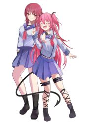 Rule 34 | &gt;:), 2girls, ^ ^, angel beats!, arm around neck, black boots, black ribbon, black shoes, blue skirt, blush, boots, clenched hand, closed eyes, closed mouth, commentary request, demon tail, eyebrows hidden by hair, fake tail, fangs, full body, hair between eyes, hand up, happy, heaven burns red, highres, iwasawa masami, leg ribbon, long hair, long sleeves, medium hair, midriff, miniskirt, multiple girls, neckerchief, open mouth, pink hair, pink neckerchief, pleated skirt, red eyes, red hair, ribbon, shinda sekai sensen uniform, shirt, shoes, sidelocks, skirt, smile, split mouth, standing, straight hair, tail, thigh strap, tsukune2398, two side up, v-shaped eyebrows, very long hair, white shirt, yui (angel beats!)