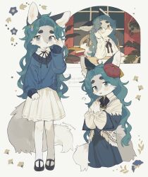 3girls black_fur black_shoes blue_hair blue_sweater blush book borrowed_character bow commission dress forehead furry furry_female glasses gomafuto grey_eyes grey_fur hair_ornament hairclip hand_in_own_hair hand_on_own_face highres long_hair multiple_girls open_mouth original petals plant pleated_skirt potted_plant round_eyewear shirt shoes skeb_commission skirt standing sweater thick_eyebrows two-tone_fur white_fur white_shirt white_skirt window