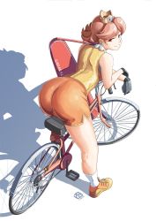 1girl arched_back ass automatic_giraffe bag bent_over bicycle bike_shorts black_gloves brown_hair collared_shirt crossed_wrists crown dated dolphin_shorts earrings flower_earrings from_behind full_body gloves highres jewelry legs looking_at_viewer looking_back mario_(series) mario_tennis medium_hair mini_crown nintendo orange_shoes orange_shorts parted_bangs princess_daisy racket red_eyes riding riding_bicycle shirt shoes short_hair short_shorts shorts shoulder_bag signature sleeveless sleeveless_shirt smile smug sneakers socks solo tennis_daisy tennis_racket white_background white_socks yellow_shirt