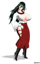 Rule 34 | 1girl, black hair, breasts, cleavage cutout, clothing cutout, collar, female focus, gloves, hand on own hip, high heels, highres, japanese clothes, kimono, kushinada mikumo, large breasts, long hair, looking at viewer, mature female, nature, no bra, no panties, old, old woman, ornament, red eyes, shijou saikyou no deshi ken&#039;ichi, solo, thick thighs, thighs, yukata