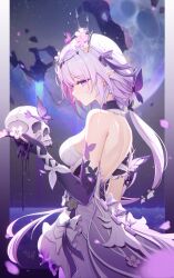 1girl absurdres bare_shoulders black_tiara breasts bug butterfly butterfly_earrings castorice_(honkai:_star_rail) closed_mouth commentary cowboy_shot dress earrings elbow_gloves flower from_side gloves hair_flower hair_ornament highres holding holding_skull honkai:_star_rail honkai_(series) insect jewelry large_breasts long_hair looking_at_viewer median_furrow pink_flower pointy_ears purple_butterfly purple_dress purple_eyes purple_gloves purple_hair shoulder_blades single_elbow_glove skull solo tiara very_long_hair zhuchengbi