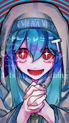 1girl aqua_hair blue_trim grey_robe hatsune_miku highres long_hair long_sleeves open_mouth own_hands_clasped own_hands_together red_eyes robe sidelocks smile solo symbol-shaped_pupils tsurubamiryu veil vocaloid white_veil