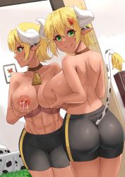 1girl abs animal_ears animal_print ass bell bimosamodro blonde_hair breasts breasts_squeezed_together c: collar cow_ears cow_girl cow_horns cow_print cow_tail cowbell grabbing_another&#039;s_breast grabbing_own_breast green_eyes groping gym_shorts highres horns lactation large_breasts looking_at_viewer mirror muscular muscular_female neck_bell nipples short_hair shorts smile solo sportswear tail topless_female