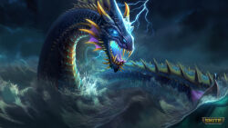 absurdres blue_eyes boat character_name fins forked_tongue glowing glowing_eyes highres jormungandr_(mythology) jormungandr_(smite) jormungandr_(smite)_(mastery) lightning logo monster no_humans norse_mythology ocean official_art open_mouth outdoors sea_serpent sharp_teeth smite storm teeth tongue watercraft waves