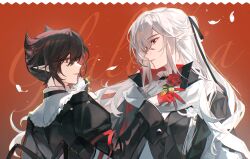 2girls arknights black_hair chinese_commentary chromatic_aberration commentary_request entelechia_(arknights) eye_contact flower gladiia_(arknights) gloves half_gloves highres holding holding_flower light_particles long_sleeves looking_at_another multiple_girls pointy_ears profile red_background red_eyes red_flower red_gloves red_rose rose short_hair tongxi65938_(mo_zuoren) white_flower white_hair white_rose yuri