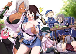 armband assisted_exposure belly belt beret black_belt black_bra black_headwear black_legwear black_skirt blonde_hair blouse blue_eyes blue_hair blue_headwear blue_skirt blurry blurry_background bottle bra breast_tattoo breasts brown_eyes brown_hair chest_tattoo cleavage closed_eyes collarbone collared_shirt dark-skinned_female dark_skin dress_shirt drunk empty_eyes female_pervert gespenst_zerlegen glasses gloves hand_on_another&#039;s_shoulder hand_on_own_thigh hat hina_(plunderer) holding holding_bottle jail_murdoch jewelry large_breasts licht_bach long_sleeves looking_down lyne_mei_(plunderer) military military_uniform minazuki_suu multicolored_hair nana_bassler official_art on_chair open_clothes open_mouth open_shirt pele_poporo pencil_skirt pervert pink_shirt plunderer raised_eyebrows shaded_face shirt single_bare_shoulder sitting skirt spread_legs standing surprised table tattoo teeth thighhighs thighs tokikaze_sakai tree triangle_mouth underwear upper_teeth_only v-shaped_eyebrows white_gloves white_hair white_shirt white_skirt wing_collar wooden_table x_navel yuri