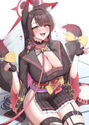 1girl absurdres animal_collar animal_ear_fluff animal_ears black_gloves black_hair black_kimono black_nails black_sailor_collar blue_archive blush bow clenched_hands collar colored_inner_hair fangs fingerless_gloves floral_print floral_print_kimono fox_ears fox_girl fox_tail gloves gyu_chul hair_between_eyes highres japanese_clothes kimono leash long_hair looking_at_viewer multicolored_hair obi open_mouth print_kimono purple_sash sailor_collar sash seiza sidelocks sitting skirt solo tail tail_bow tail_ornament tail_wagging thigh_strap two-tone_hair wakamo_(blue_archive) white_skirt yellow_bow yellow_eyes